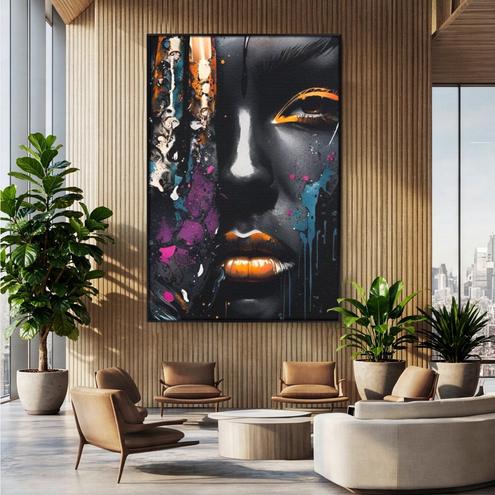 Tablou canvas cu tablou canvas cu portret street art, in rama de aluminiu negru, pe perete intr-un birou